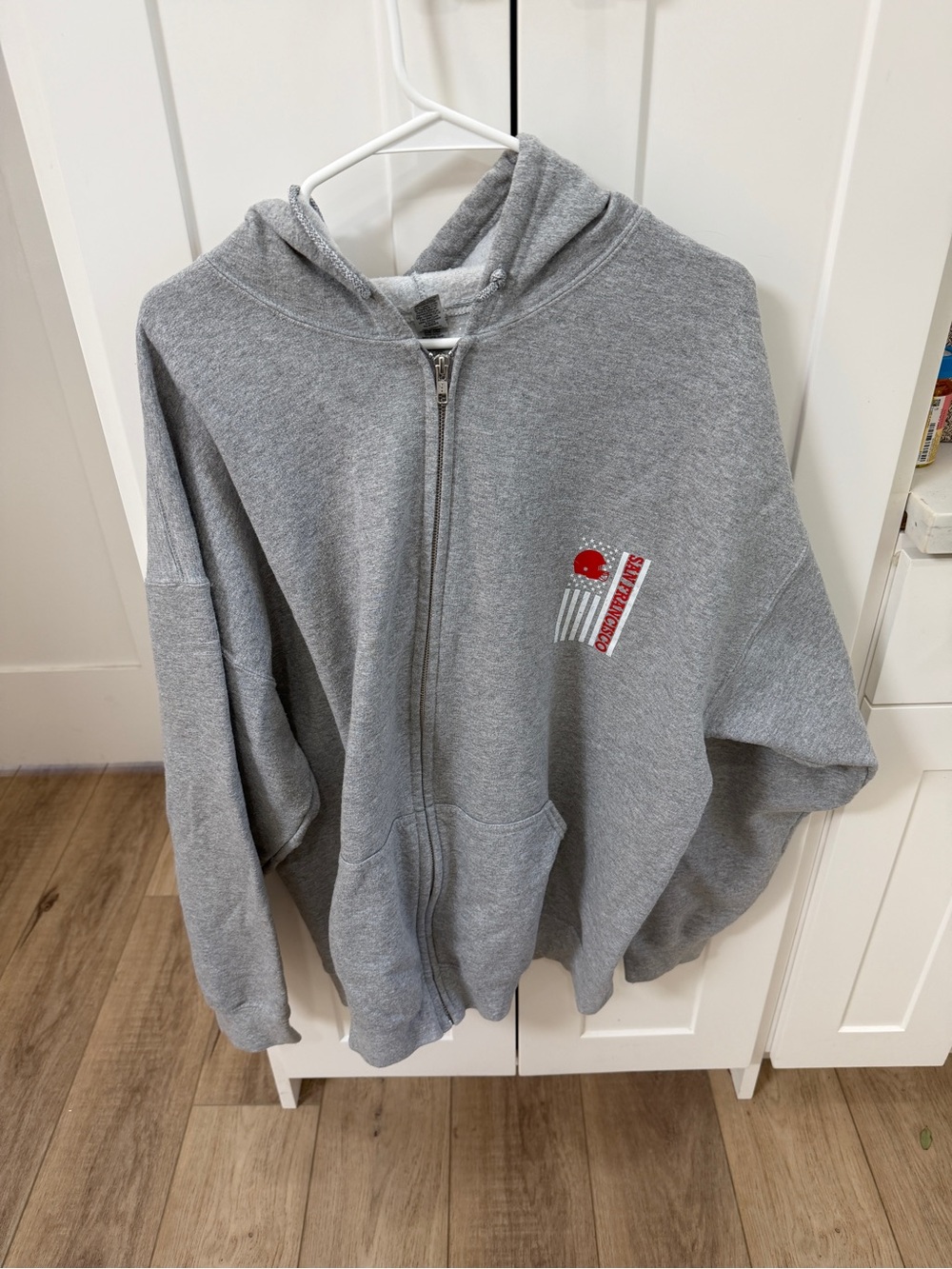 Gildan Gray Zip-Up Hoodie with Small Red Graphic